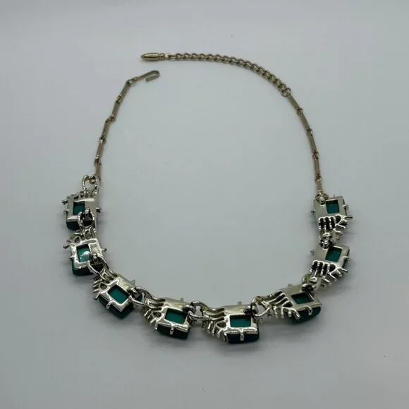 Vintage Coro Necklace Teal Thermoset Leaf Choker Necklace Mid Century Modern - Picture 7 of 16